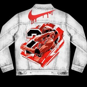 Nike Red and Black Jean Jacket with Artistic Graphics of Micheal Jordan